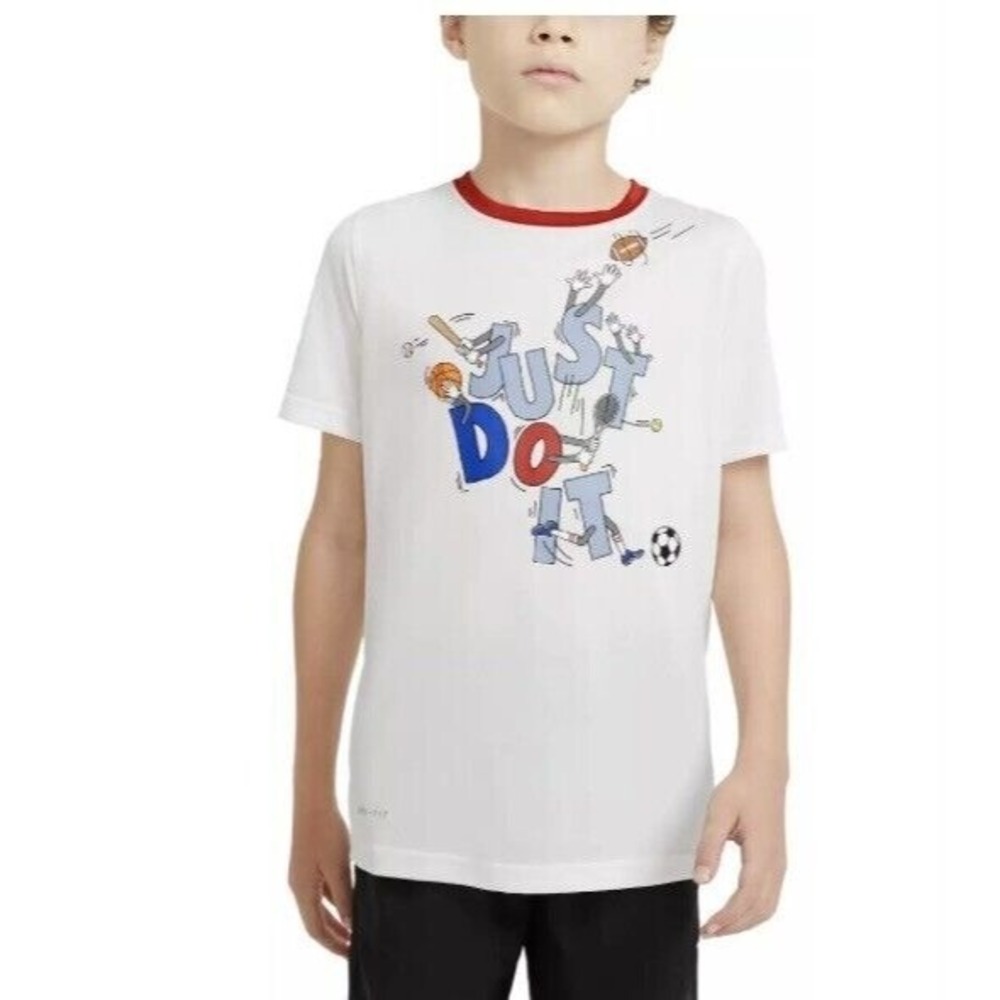 NIKE "Just Do It" Boy's White Dri-Fit Football Baseball Soccer T-SHIRT Large NWT